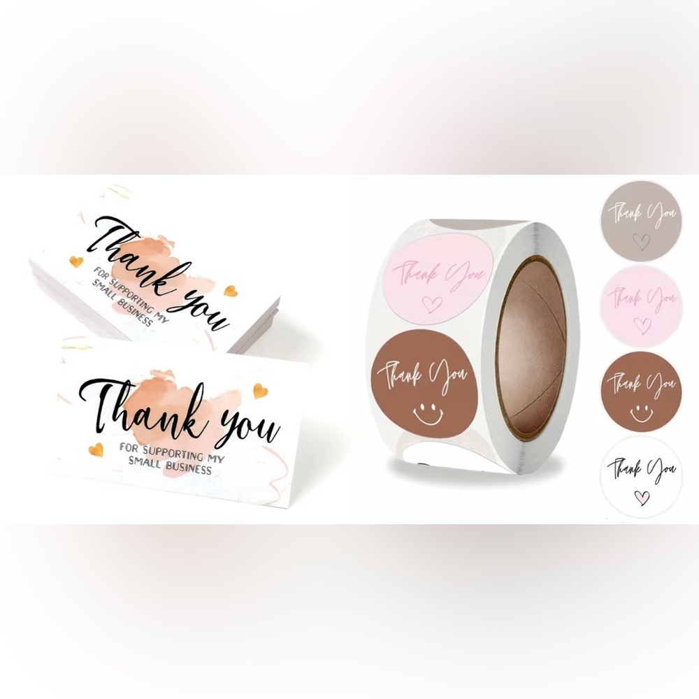 Coordinating thank you stickers (500) and cards (100).